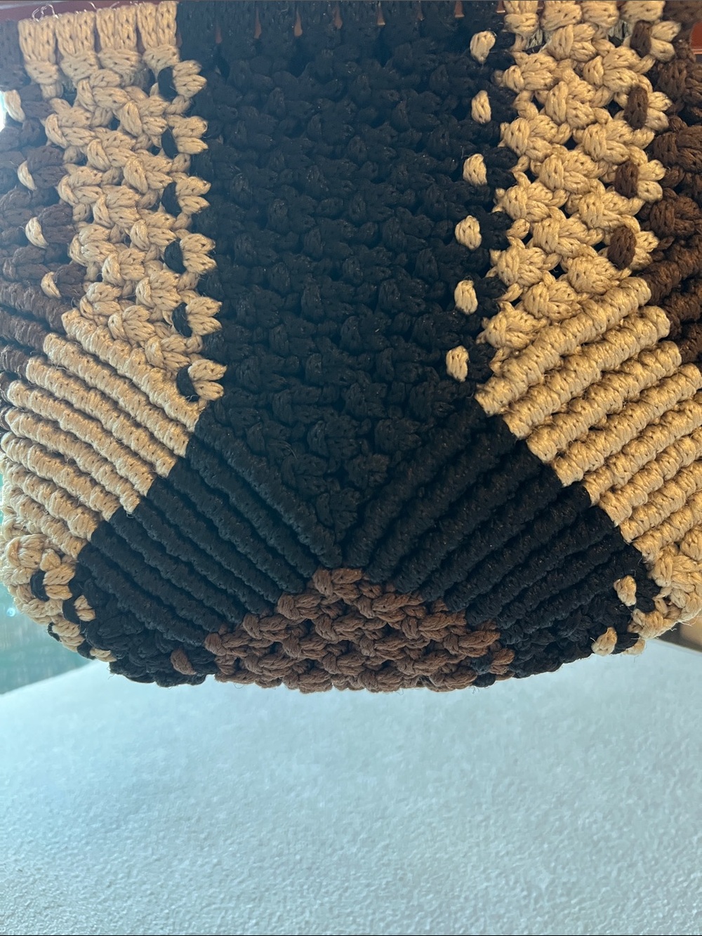 Handmade VINTAGE Crochet Tote Bag with Brown, Black & Cream Panels - Picture 3 of 4